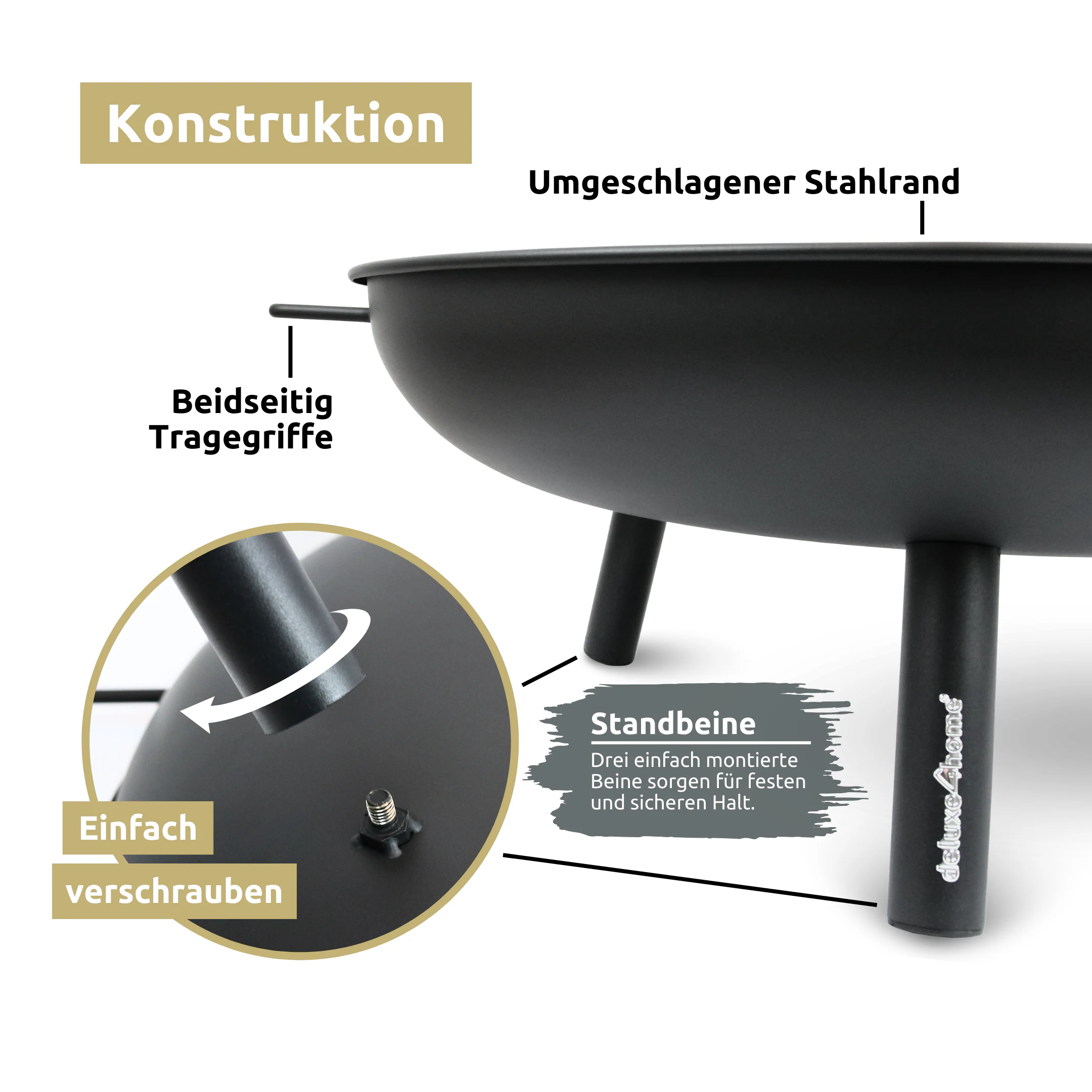 deluxe4home® Feuerschale mit drei Standfüßen, Durchmesser 58 cm, schwarz