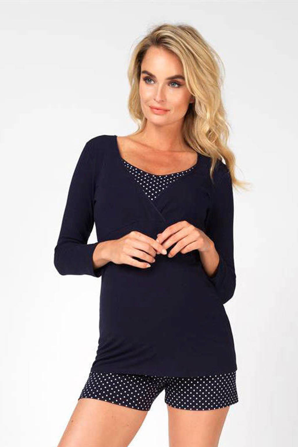 Noppies zwangerschapspyjamashort Merel met stippen donkerblauw/wit