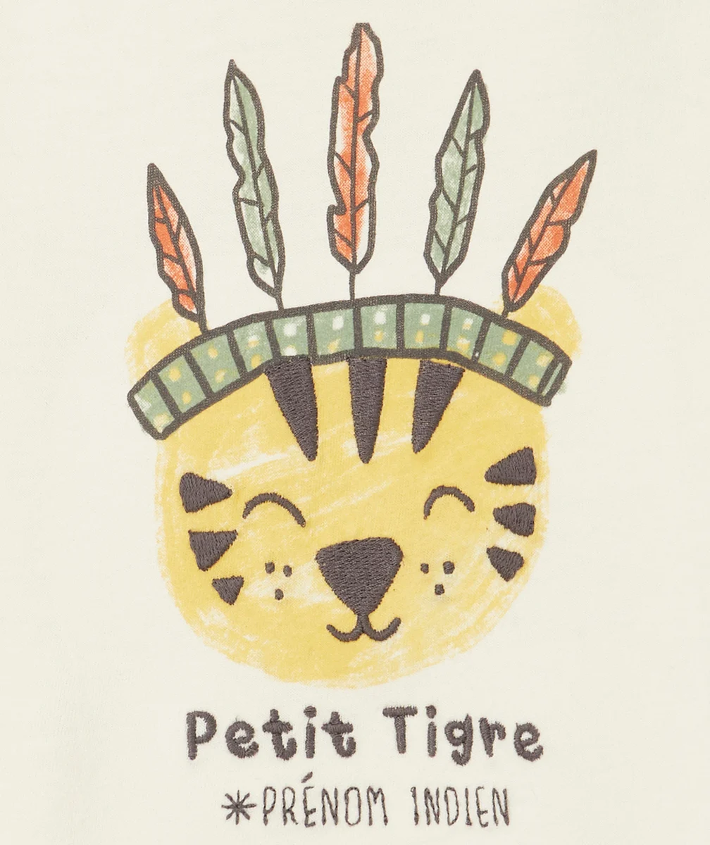 T-SHIRT BÉBÉ GARÇON EN FIBRES RECYCLÉES ÉCRU AVEC TIGRE INDIEN