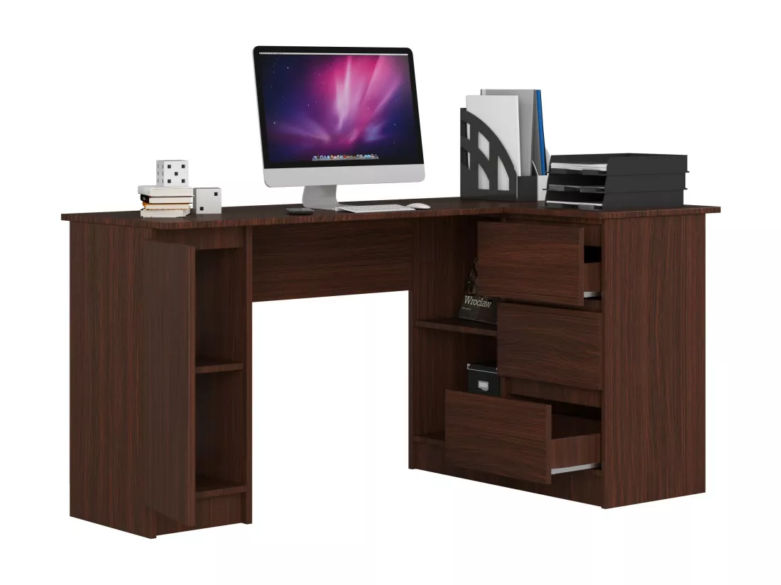 Grand bureau d'angle AKORD droit B20 Wengé 155 cm 1 porte 3 tiroirs façade Wengé 4 étagères 155x85x77 cm