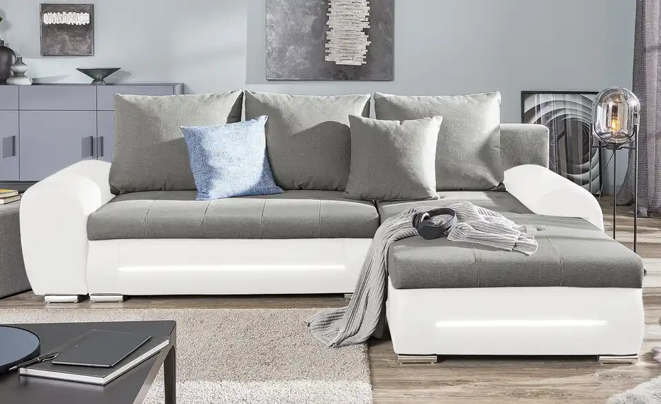 Ecksofa Emma rechts Weiß, Hellgrau