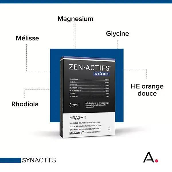 Aragan - Synactifs - Zenactifs® - Anti-Stress - Rhodiola, Erva-cidreira - 30 cápsulas