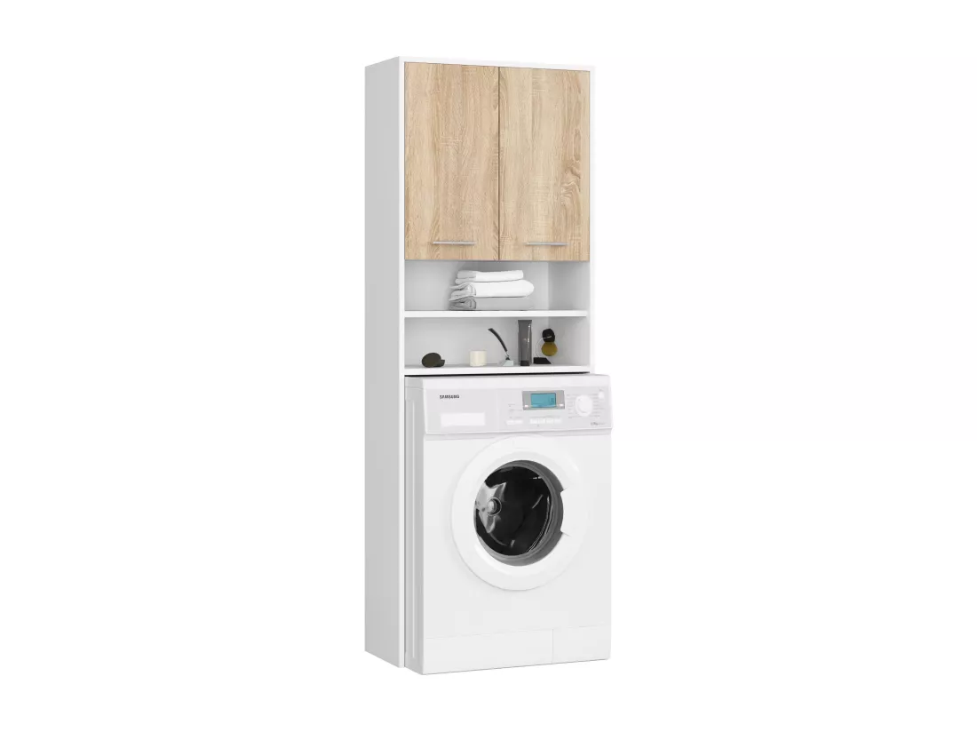 meuble machine a laver 2 portes façade chêne sonoma 4 étagères 64x30x180 cm
