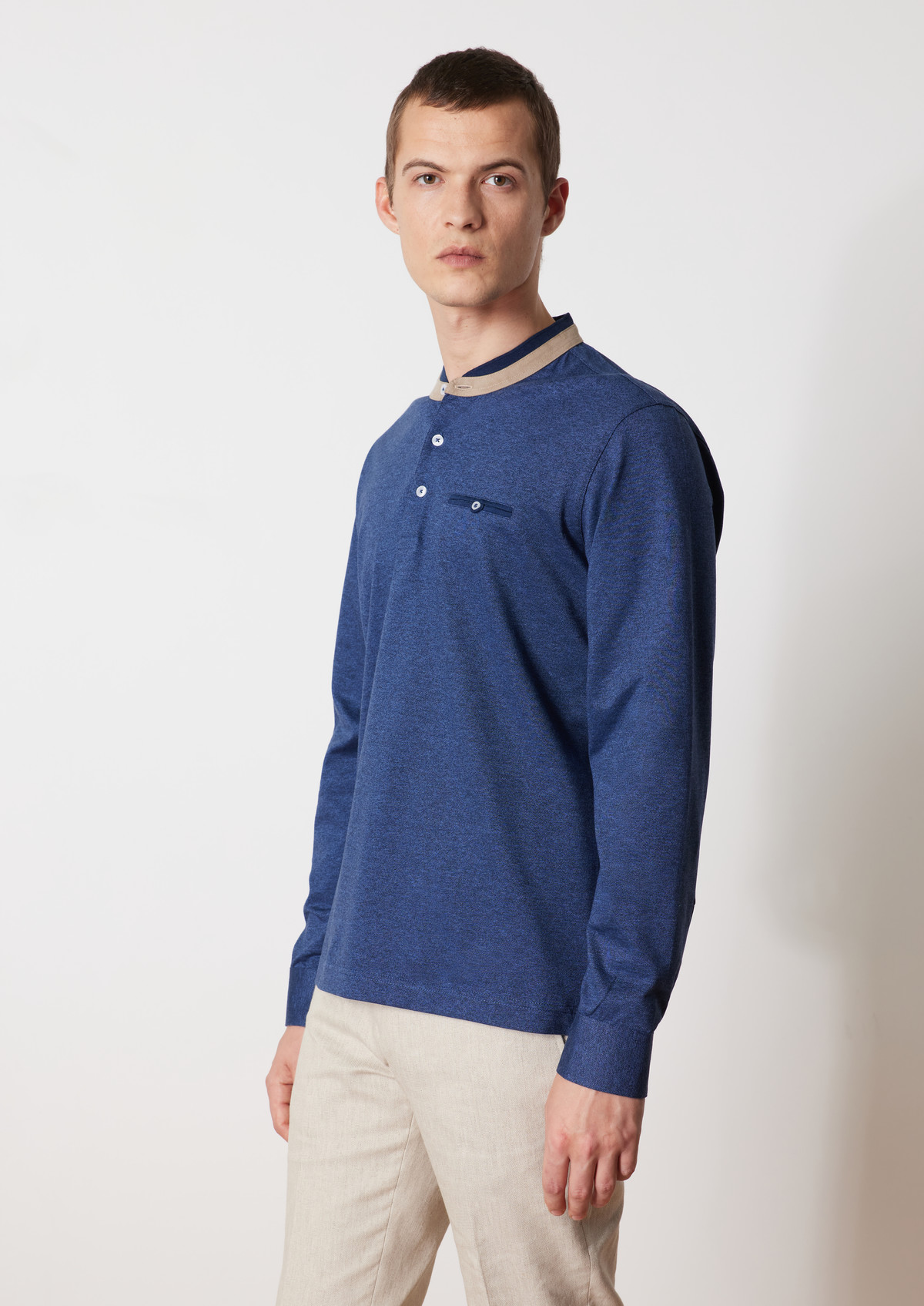 Polo manches longues Slim en coton mélangé uni bleu jeans à col officier