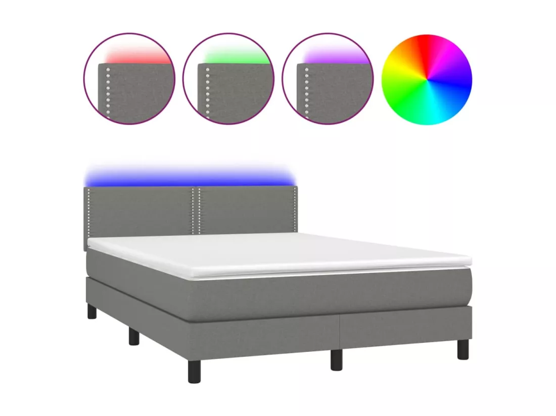 Sommier tapissier et matelas et LED Gris foncé 140x190 cm Tissu