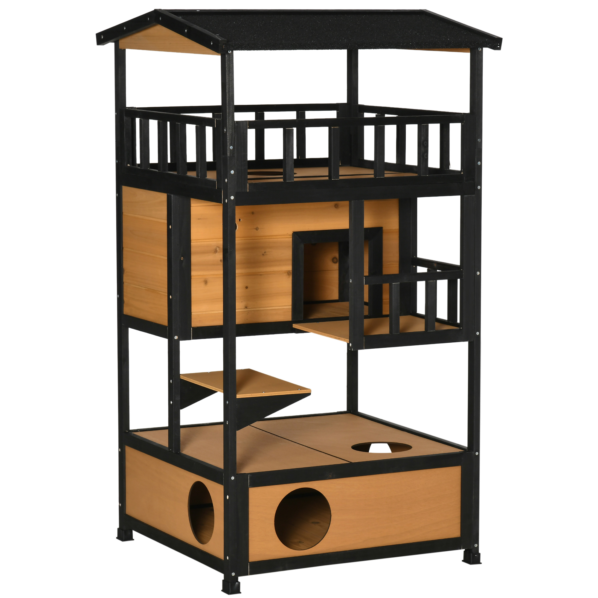 Casinha de madeira para gatos PawHut, 75,5 x 75 x 137 cm, com telhado de asfalto e plataformas para uso interno e externo, cor natural.