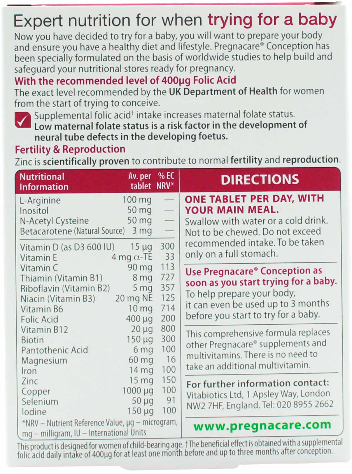 Vitabiotics Pregnacare Antes da Concepção 30 comprimidos