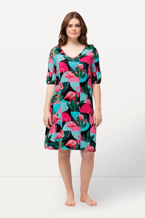 Jerseykleid, Flamingos, A-Linie, V-Ausschnitt, Halbarm
