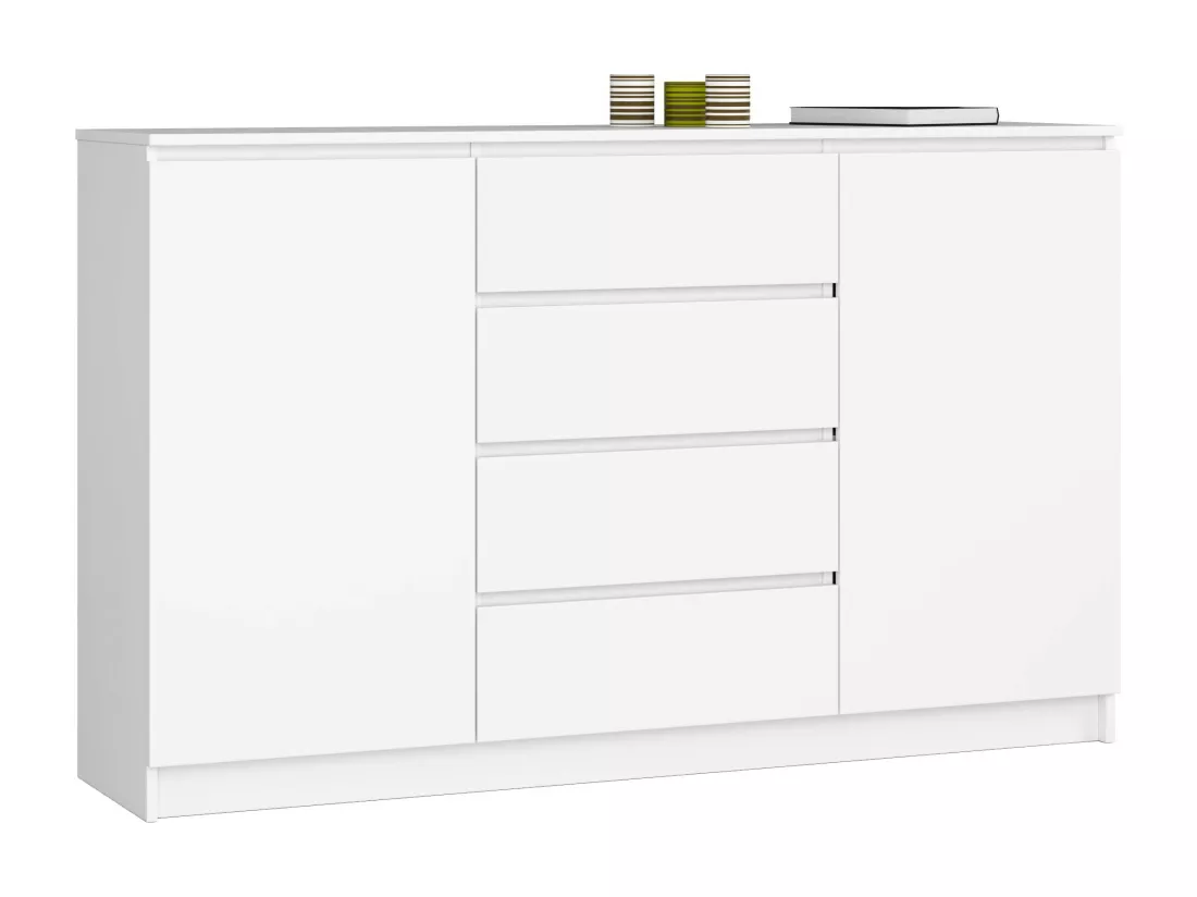 Grande Commode pour le salon AKORD K160 Blanche 160 cm 2 portes 4 tiroirs façade Blanche 4 étagères 160x40x99 cm