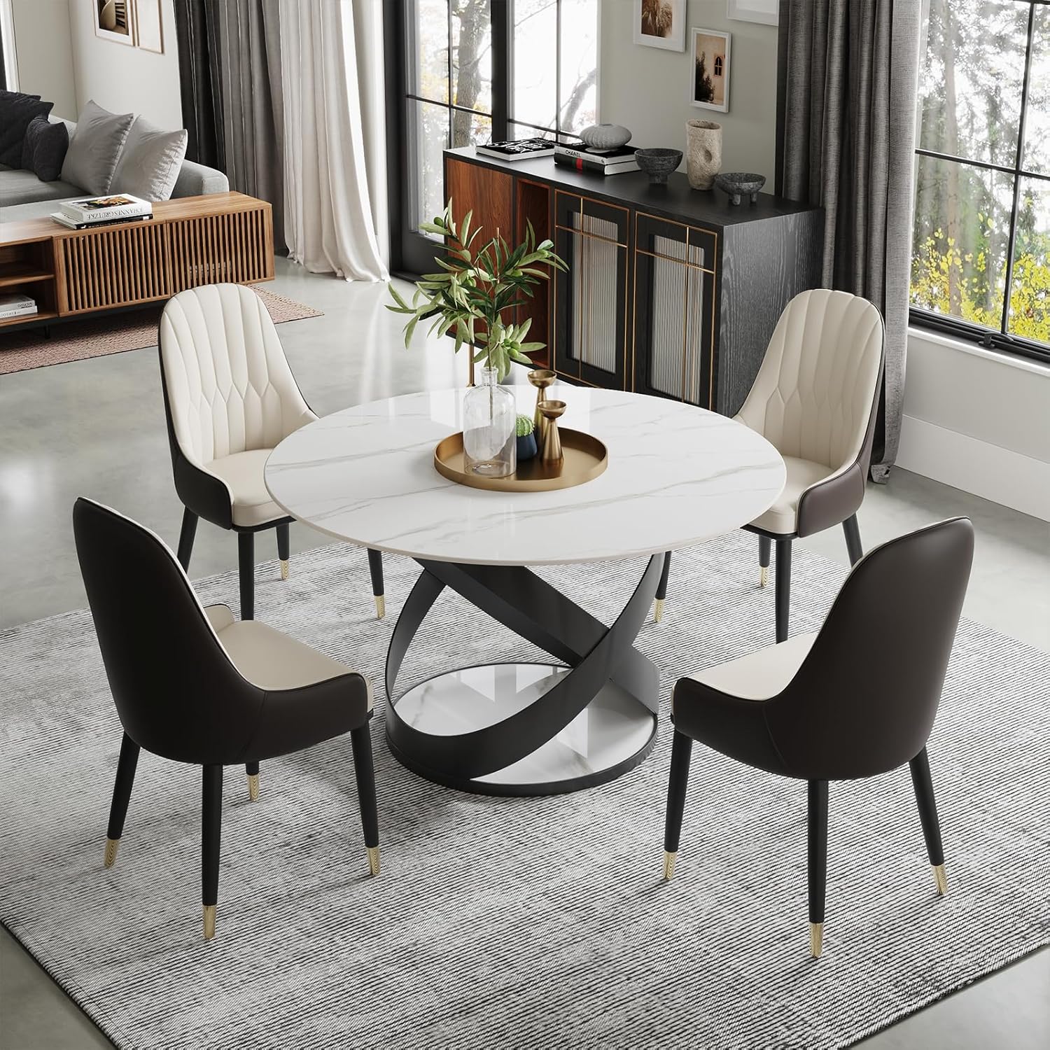 POVISON Esstisch modern rund, Hochglanz tische 130cm für 4 Personen,Küchentisch weiß Marmor aus Sinterstein, mit kunstvoller X-förmiger Basis aus Kohlenstoffstahl,einfache Installation(ohne Stühle)
