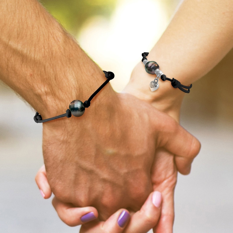 Bracelet Ajustable Femme Perle de Tahiti, Eléphant en Argent Massif 925 et Coton Ciré Noir