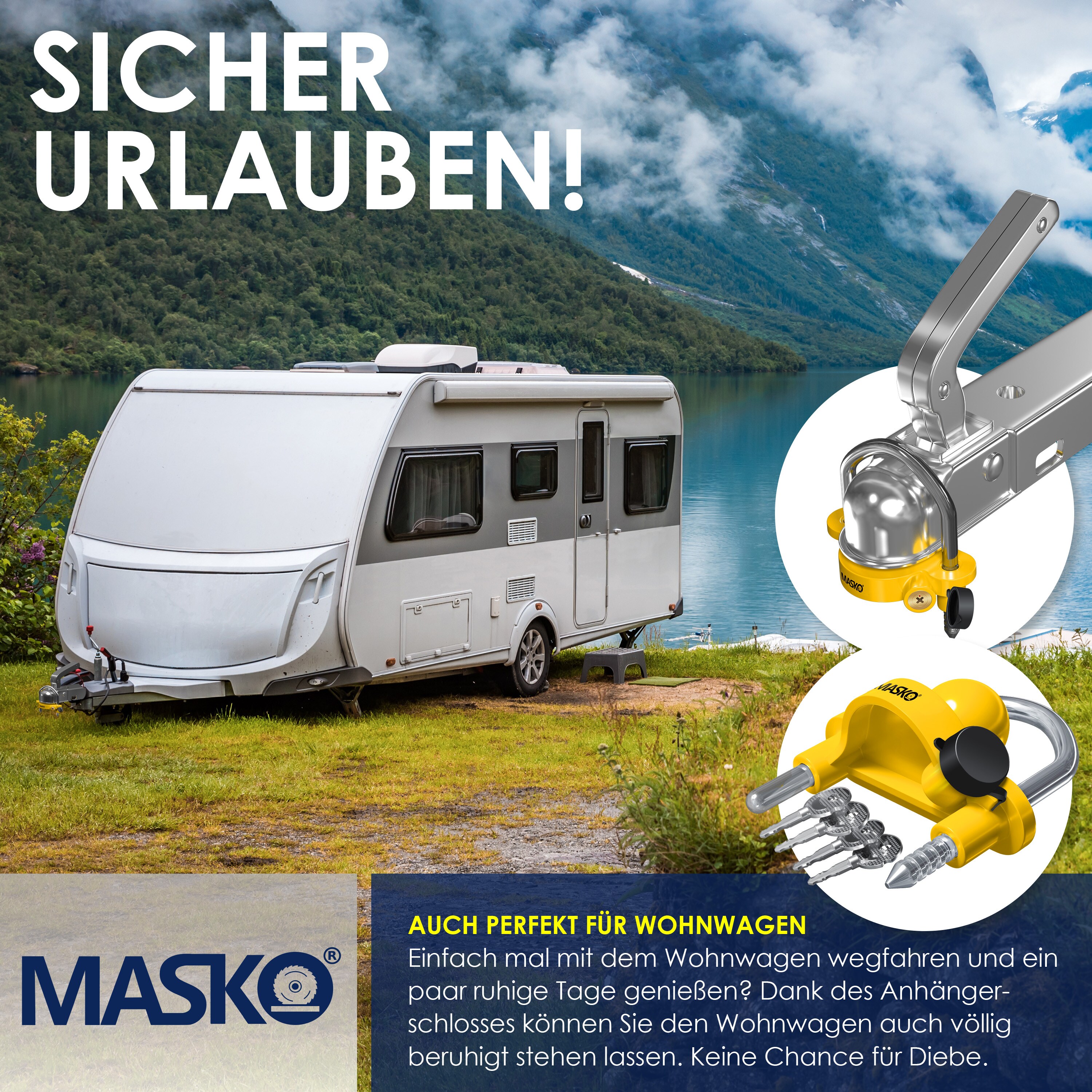 MASKO® Anhängerschloss für gängige Anhängerkupplung einfache Montage Diebstahlschutz Diebstahl Anhänger Sicherung 4 Schlüssel extra sicher Kreuzschloss, Inkl. Deckelschutz