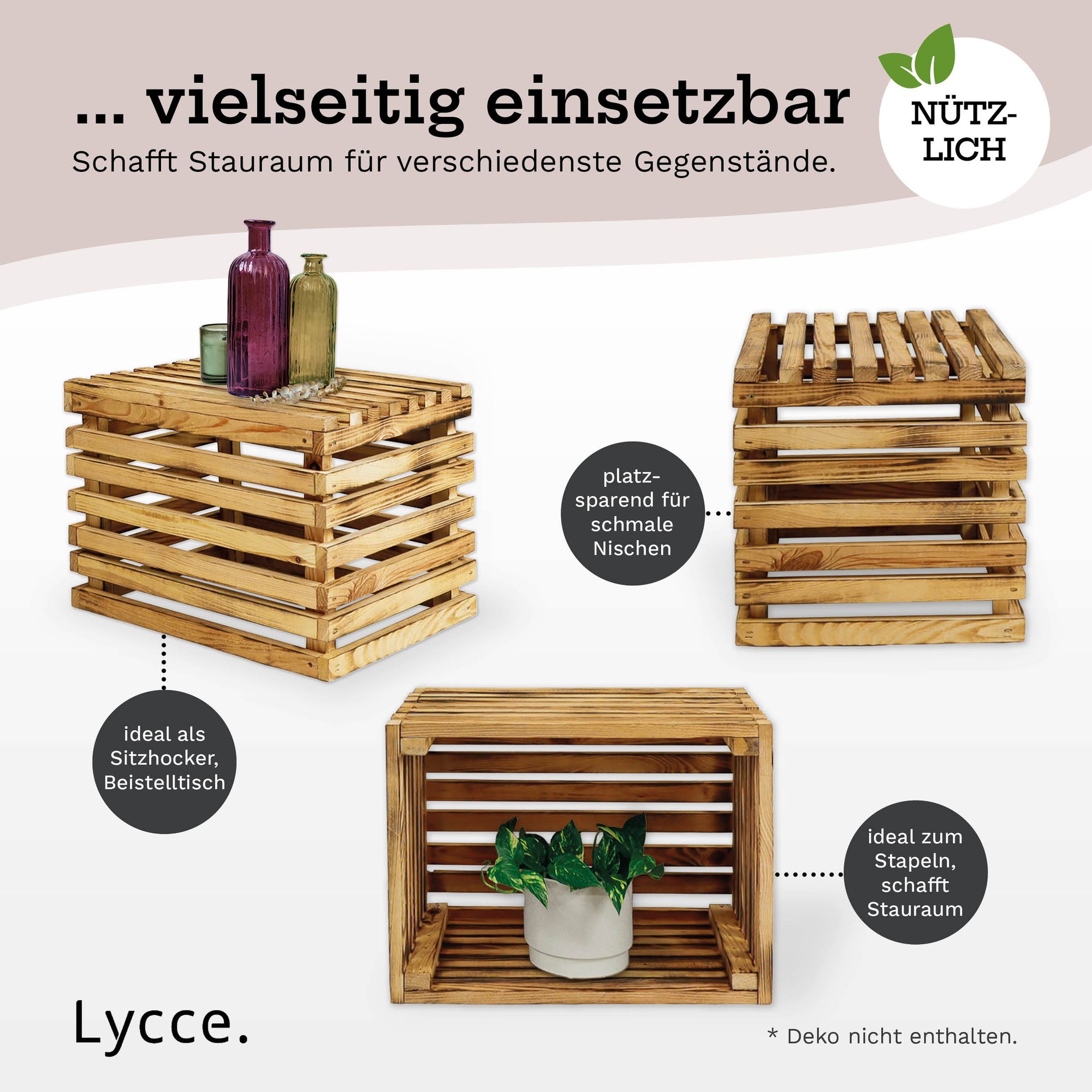 Lycce Sitzhocker mit Stauraum - 30L , Holzkiste aus geflammtem Holz