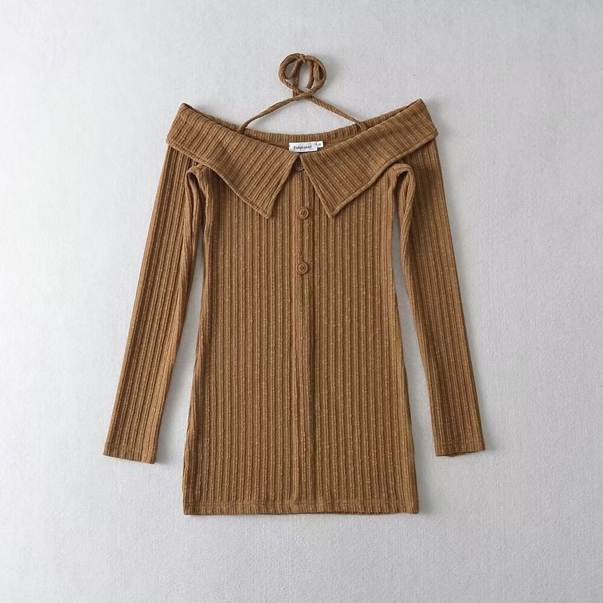 Seventh Snow - Off-shoulder lange mouwen effen geribbelde mini-jurk