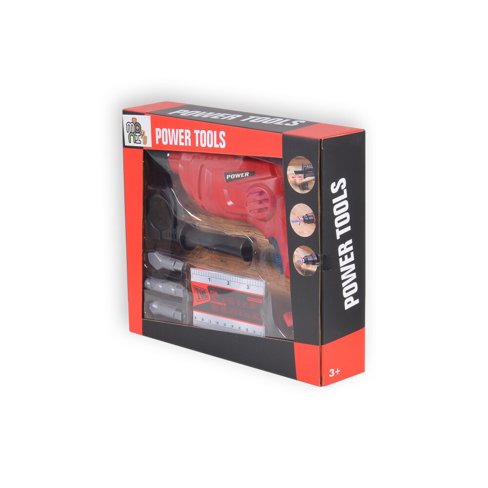 Moni Kinder Spielzeug-Bohrmaschine elektrisch T1403, Ausweis, 3 Aufsätze, Lineal rot