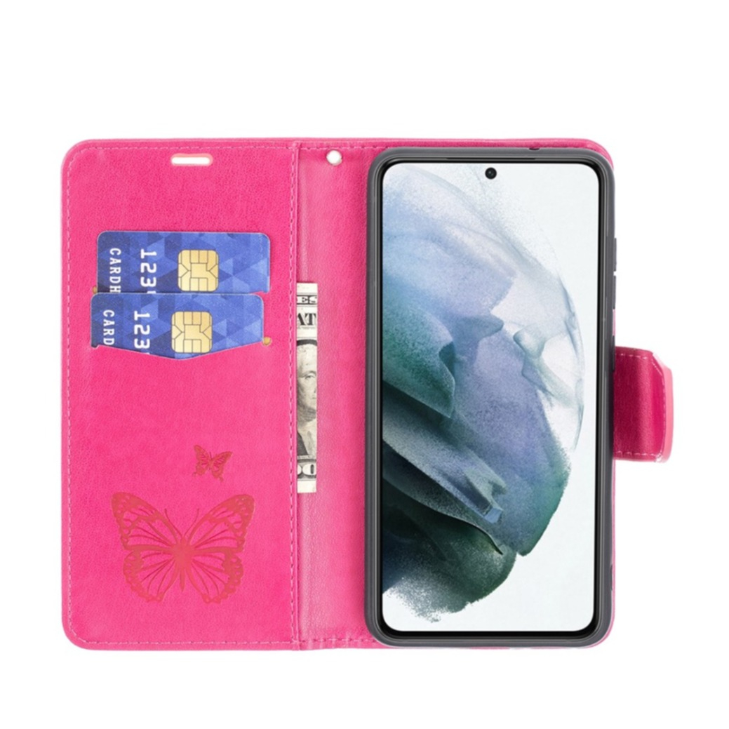 Samsung Galaxy S21 FE 5G Leder Tasche mit Kartenfach   Handschlaufe Schmetterling - Pink