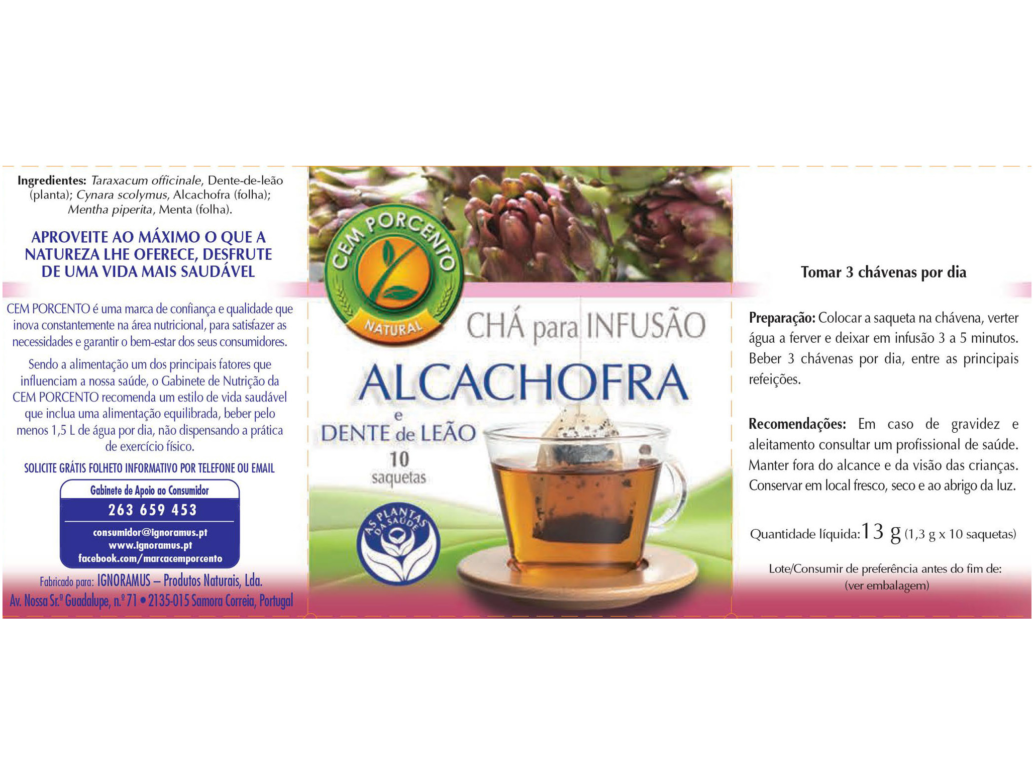 CHÁ CEM PORCENTO ALCACHOFRA DENTE LEÃO 10 SAQUETAS