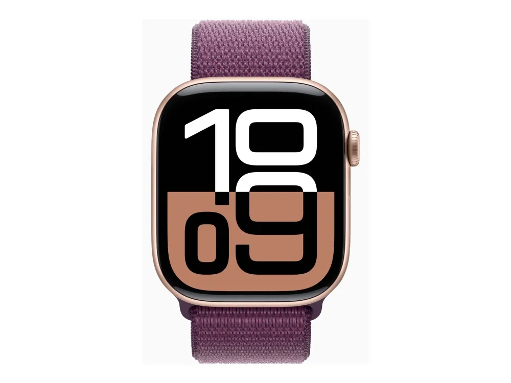 Apple Watch Series 10 (GPS) - 46 mm - roseguldaluminium - smart ur med sportsløkke - blød dobbeltlagsnylon - blomme - håndledsstørrelse: 130-200 mm - 64 GB - Wi-Fi 4, UWB, Bluetooth - 36.4 g