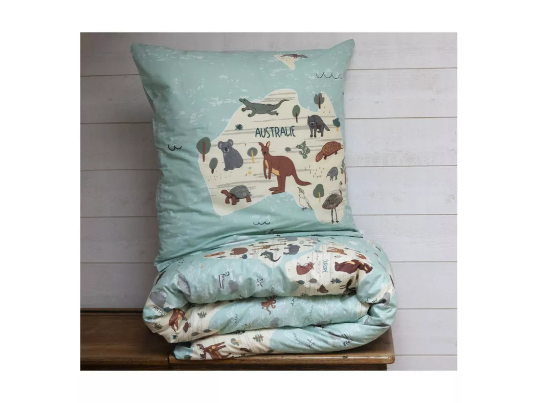 EXPLORE - Parure de Lit Coton Motif Monde Housse de Couette 140x200cm + Taie d'Oreiller