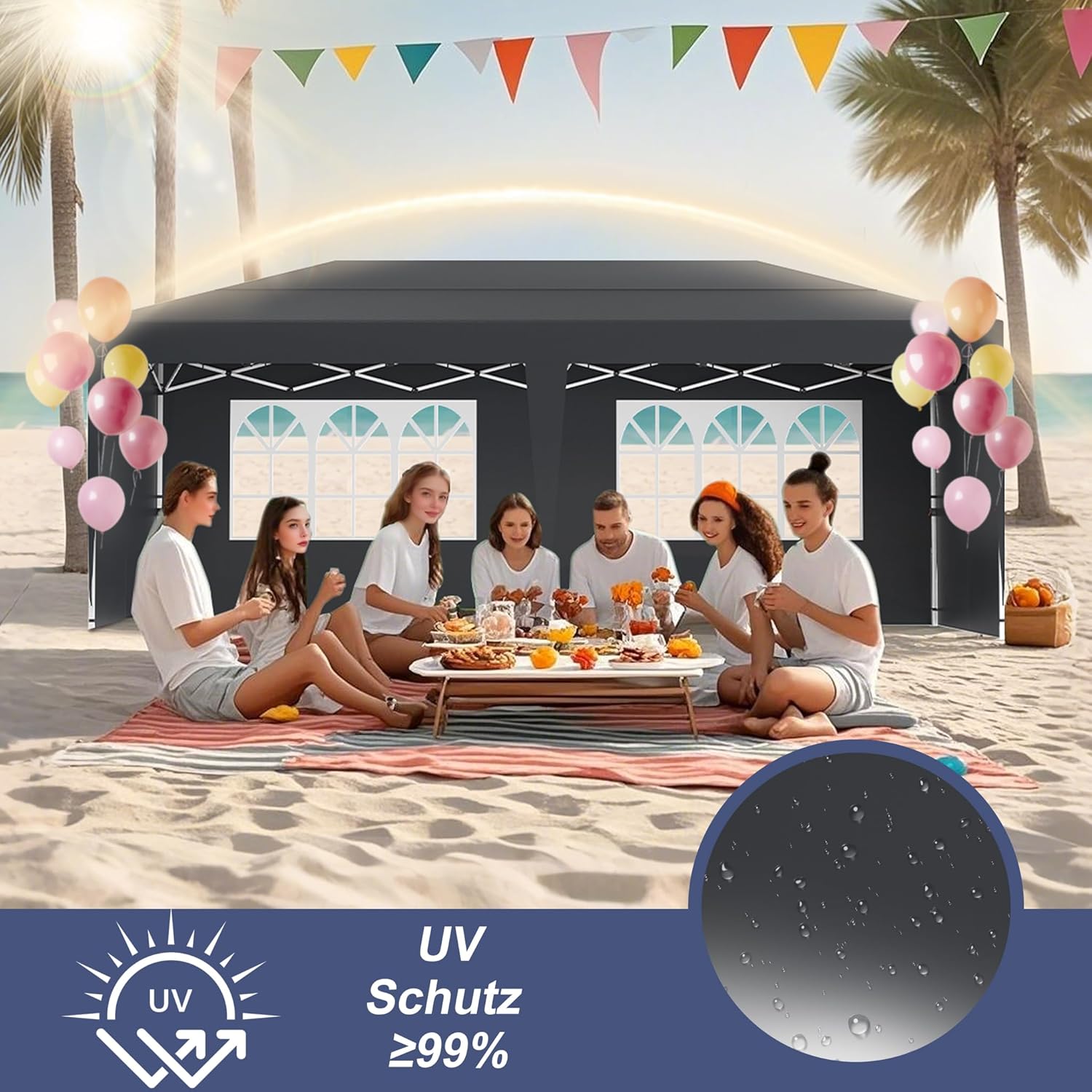 Pavillon Höhenverstellbar 3x6m Pop-Up Faltpavillon Wasserdicht Partyzelt Gartenzelt mit Tragetasche Stabil Festzelt Gartenpavillon Für den Außeneinsatz Geeignet - mit Seitenwände - Anthrazit