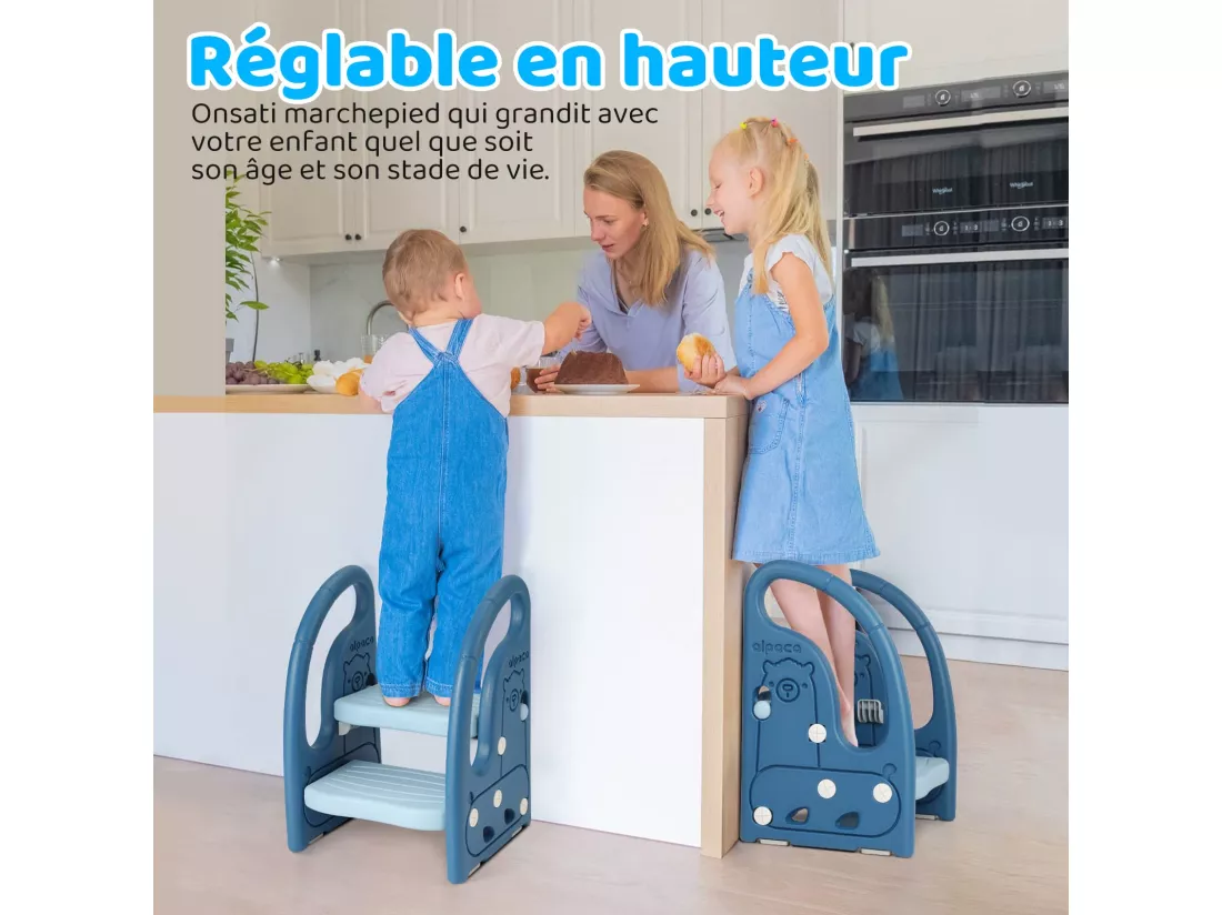 Marchepied pour Enfant Bébé avec 2 Marches Antidérapant, Réglable en Hauteur, Marche Pied Multifonction Stable avec Poignées, De 1.5 à 5 Ans, Bleu