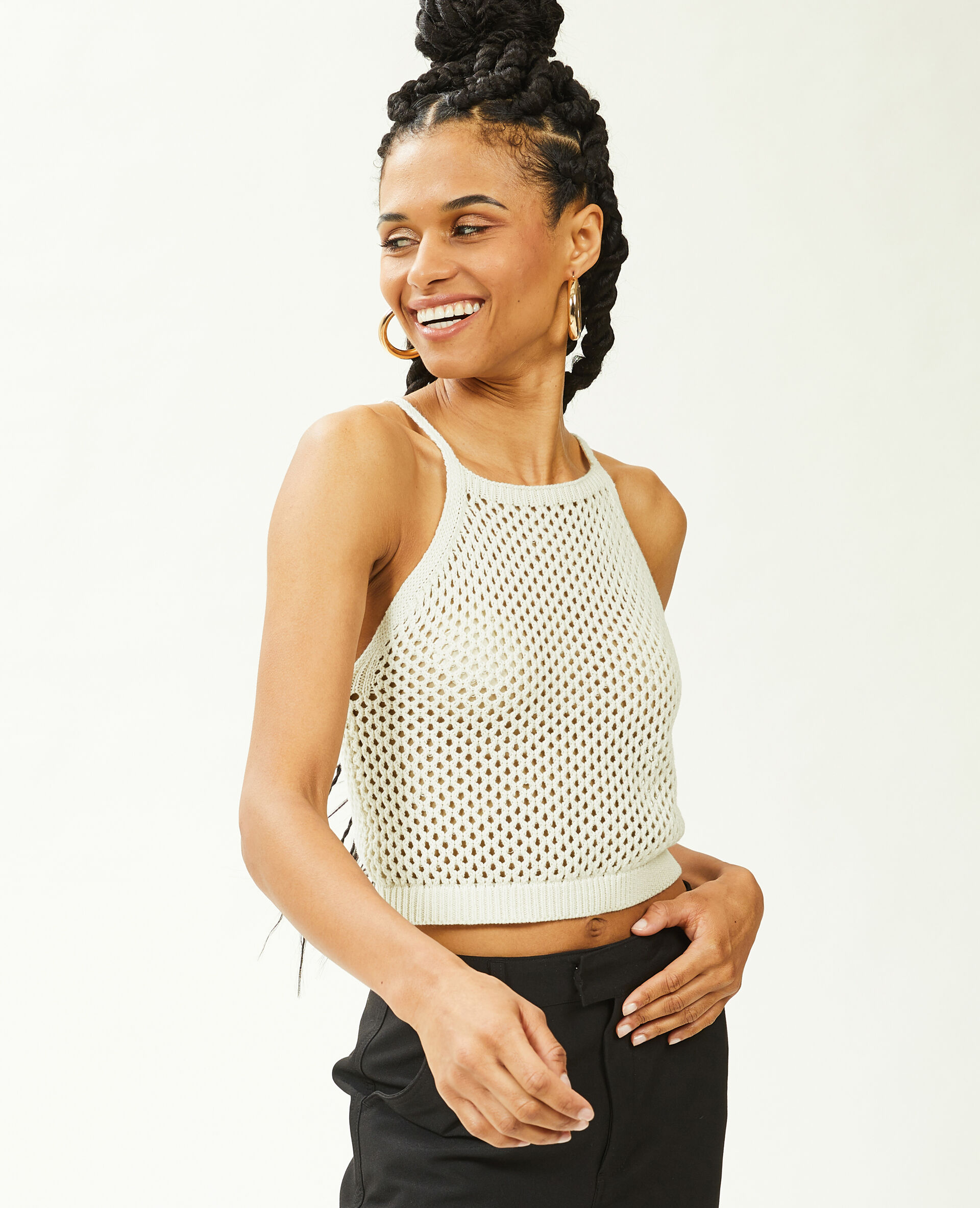 Top en maille ajourée bretelles croisées - Beige