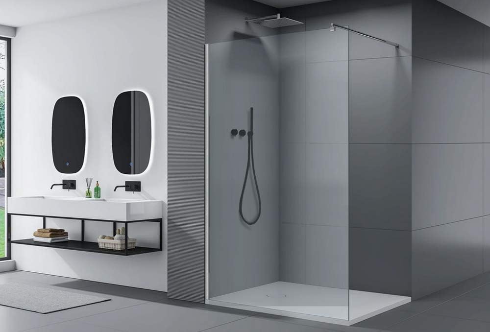 Bernstein Duschwand EX101 – Walk-In Duschabtrennung 130 x 200 cm aus 10 mm Klarglas mit Nano-Beschichtung, rahmenlos, Wandprofil Chrom, Stabilisationsstange, ESG Echtglas