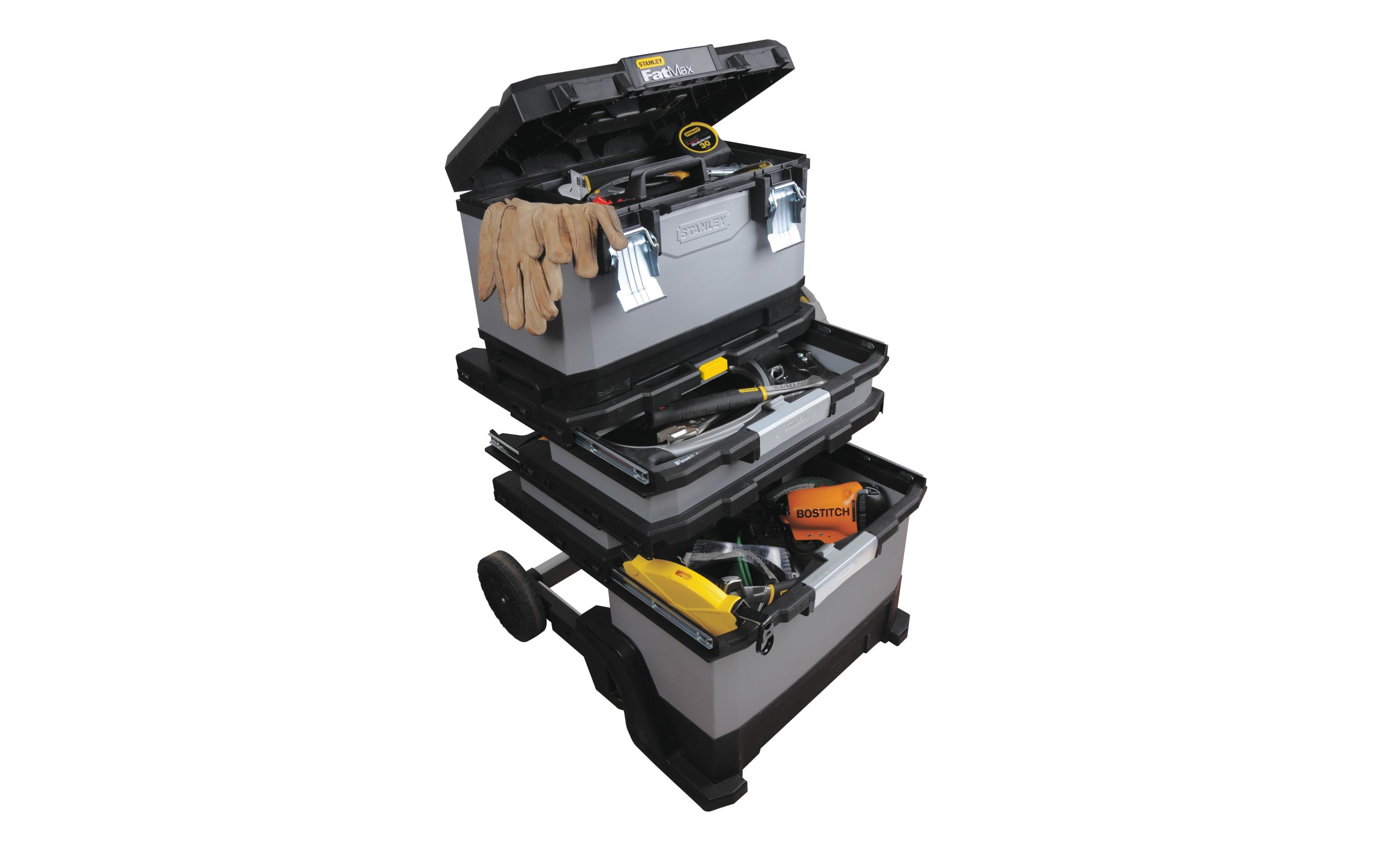 Werkzeugbox Fatmax mit Rollen<br>Rollende Werkstatt aus Metall-Kunststoff mit zwei Schubladen, einem grossen Staufach und einer abnehmbaren, 30cm hohen Werkzeugbox