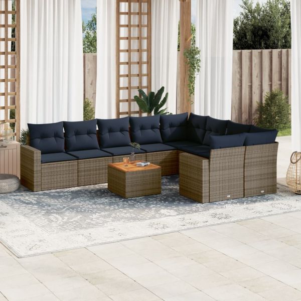vidaXL 10 Peças Conjunto Sofás para Jardim com Almofadões Vime Pe Cinzento - 3923734231