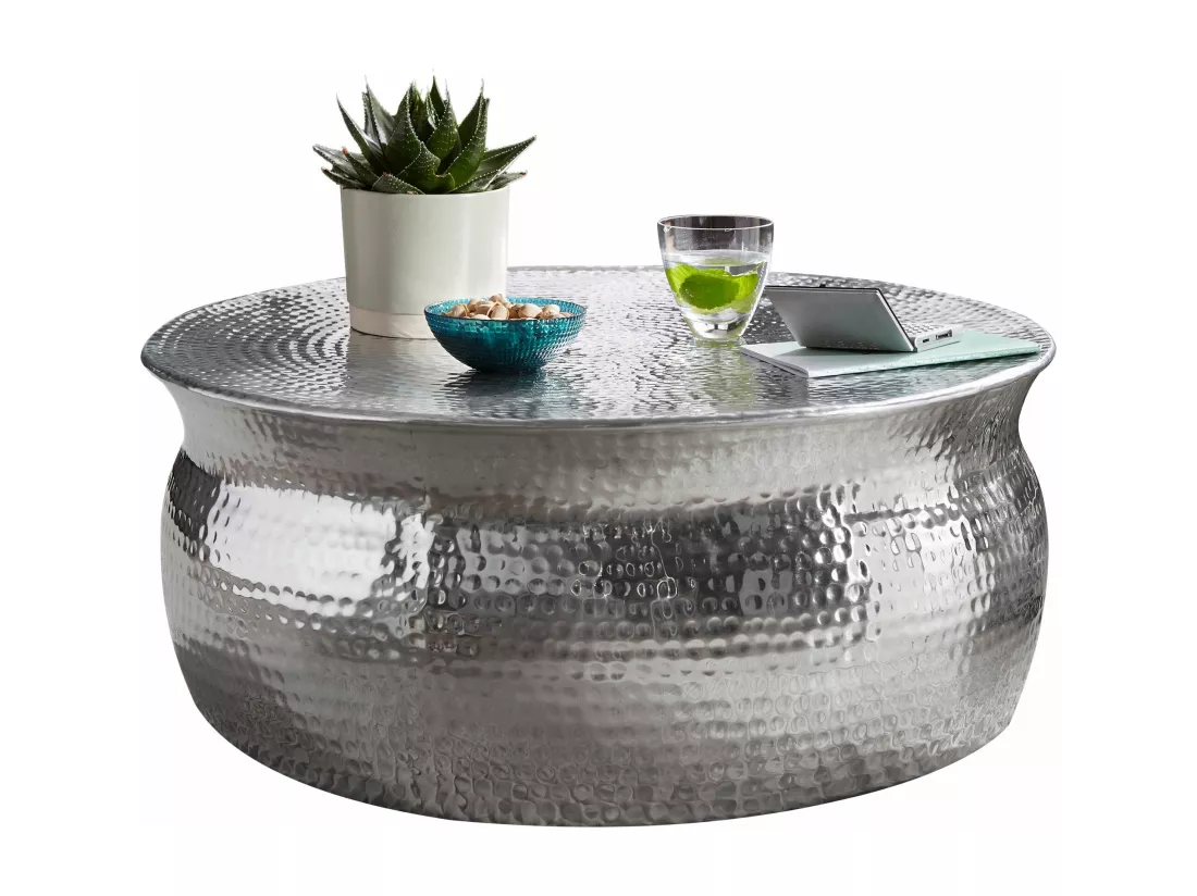 Table Basse Karam 75X31X75Cm Aluminium Table D'Appoint En Argent Oriental Rond | Table