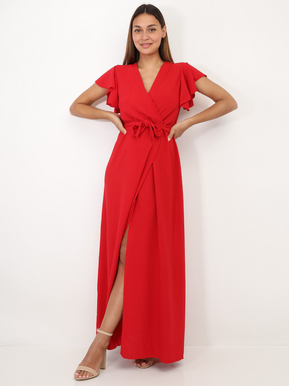 Robe longue fendue à col cache coeur- Rouge