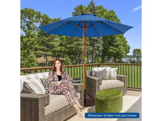 Parasol de Jardin Pliable 2,9M avec Mécanisme de Poulie à Corde Poteau en Bois 8 Baleines en Fibre de Verre pour Cour, Bleu