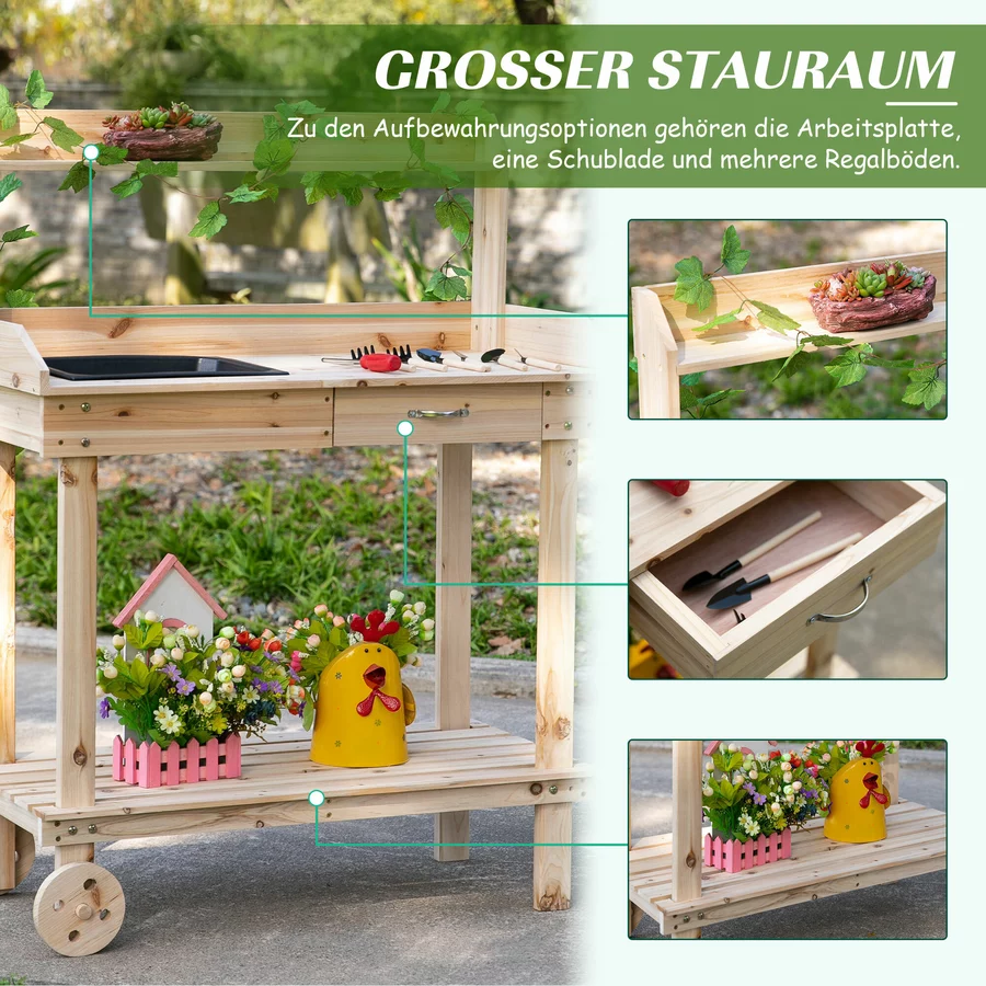 Outsunny Gärtnertisch mit Waschbecken und Rollen holz