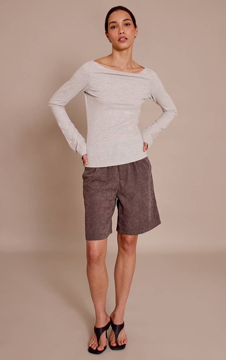 Gris Chiné Haut Asymétrique Froncé À Manches Longues En Coton Doux