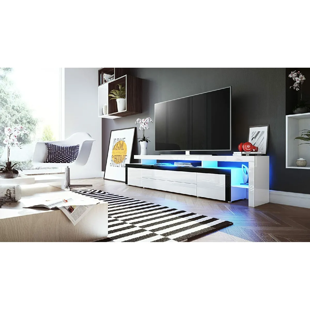 MPC Meuble TV blanc et noir avec LED