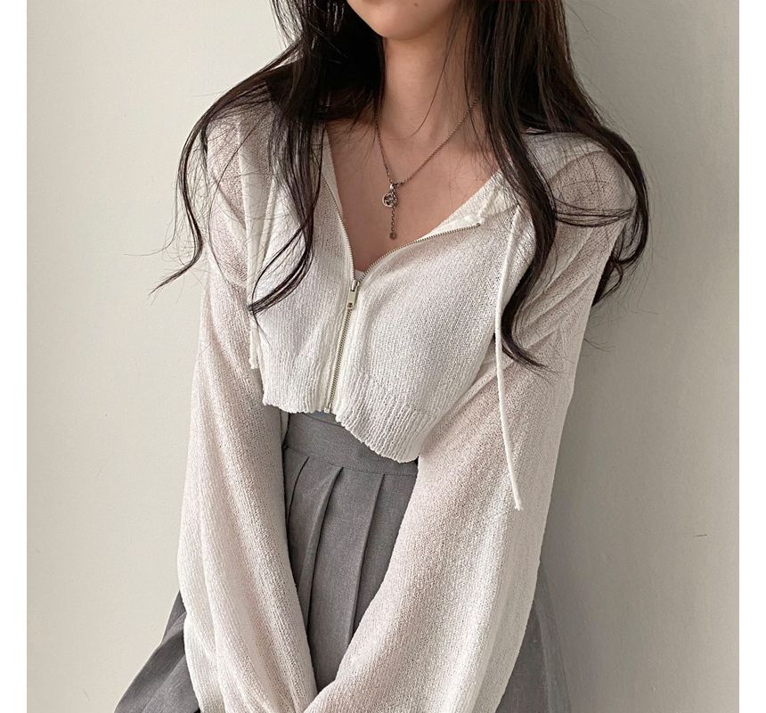 Brigitte - Effen cropped gebreide hoodie met rits