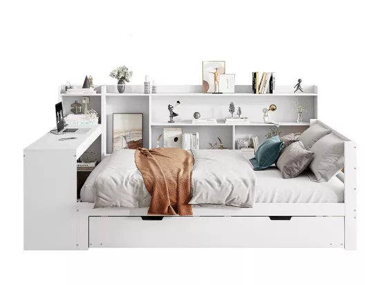 Lit gigogne 140x200 avec bureau étagères compartiments de rangement et étagères avec prises de courant lit double en bois Blanc