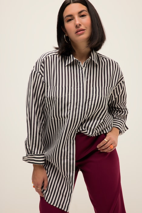 Oversized-Hemdbluse, Streifen, Hemdkragen, Langarm