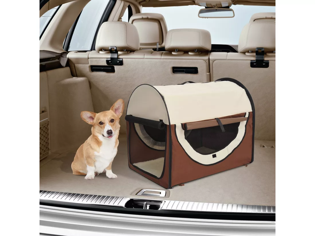Sac de transport pour chien et chat pliable - poignée, entrée zippée, fenêtres maillées enroulables- coussin inclus - acier oxford marron beige
