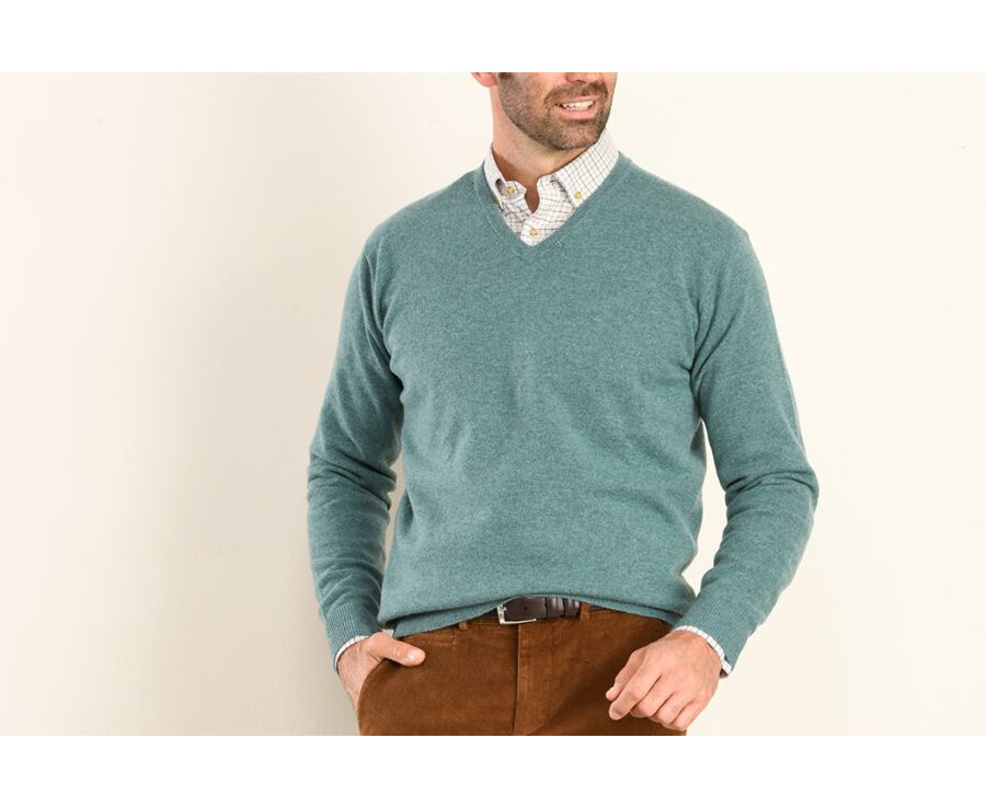 Pull homme laine col V Vert Scandinave Chiné - ELIAN