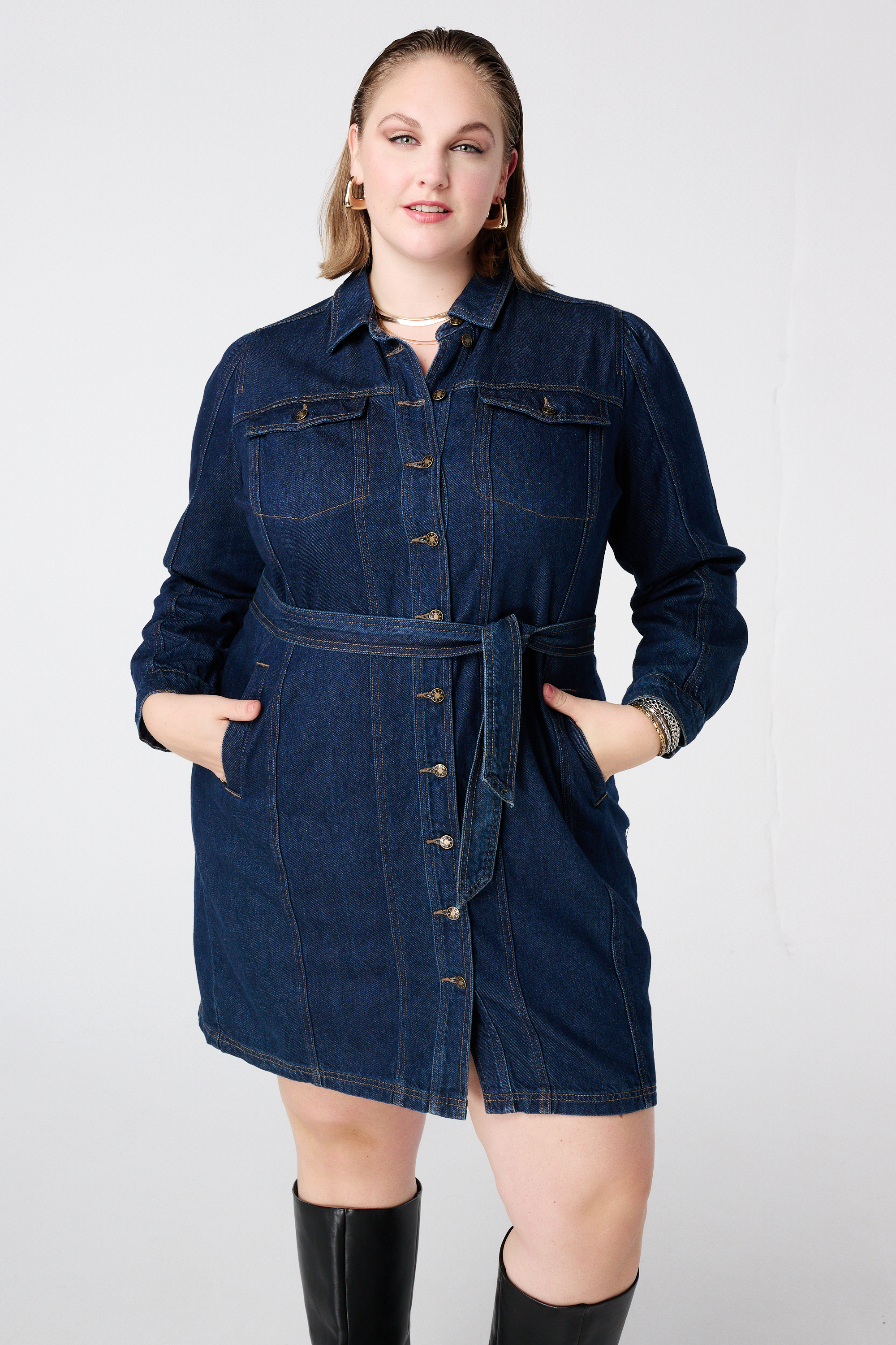 Denim jurk met strikceintuur Rinse Washed Denim