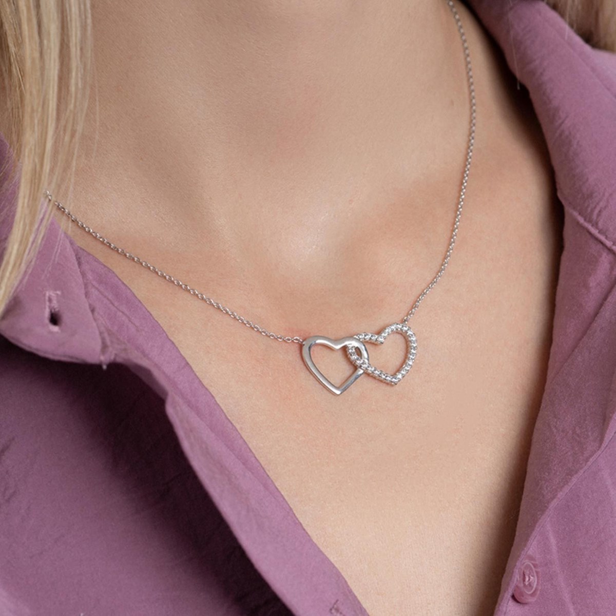 Collier 2 coeurs oxyde de zirconium enlacés Argent 925 Rhodié
