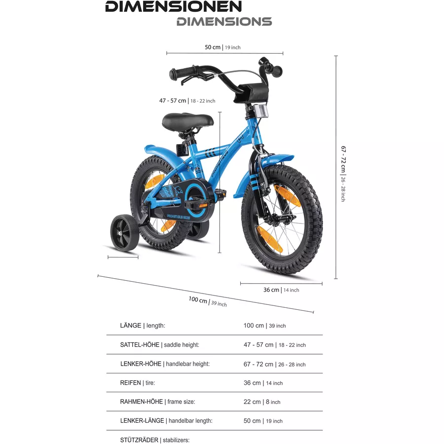 PROMETHEUS BICYCLES® HAWK Kinderfahrrad 14 , Blau-Schwarz mit Stützrädern