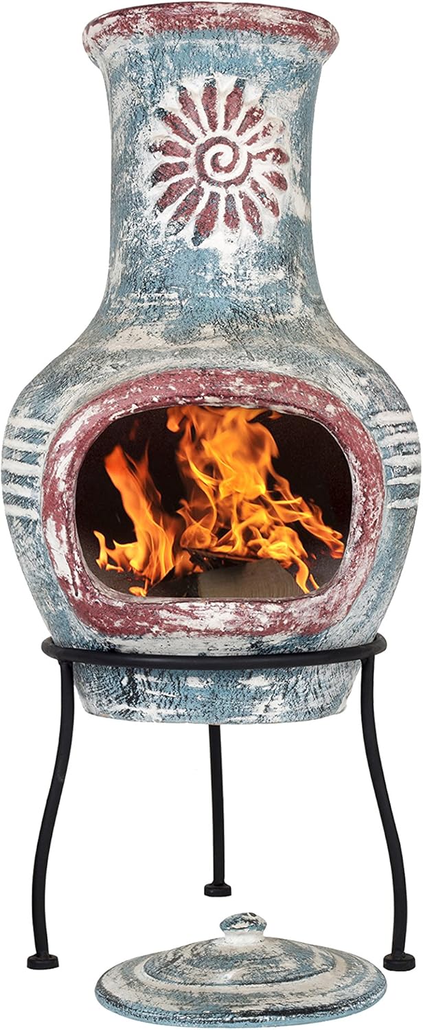 La Hacienda 67034 Swirl Clay Chimenea - Patio Heater - Handmade - Traditional - Log Burner - Sea Blue & Red with Protective Rain Lid and Solid Metal Stand,Medium