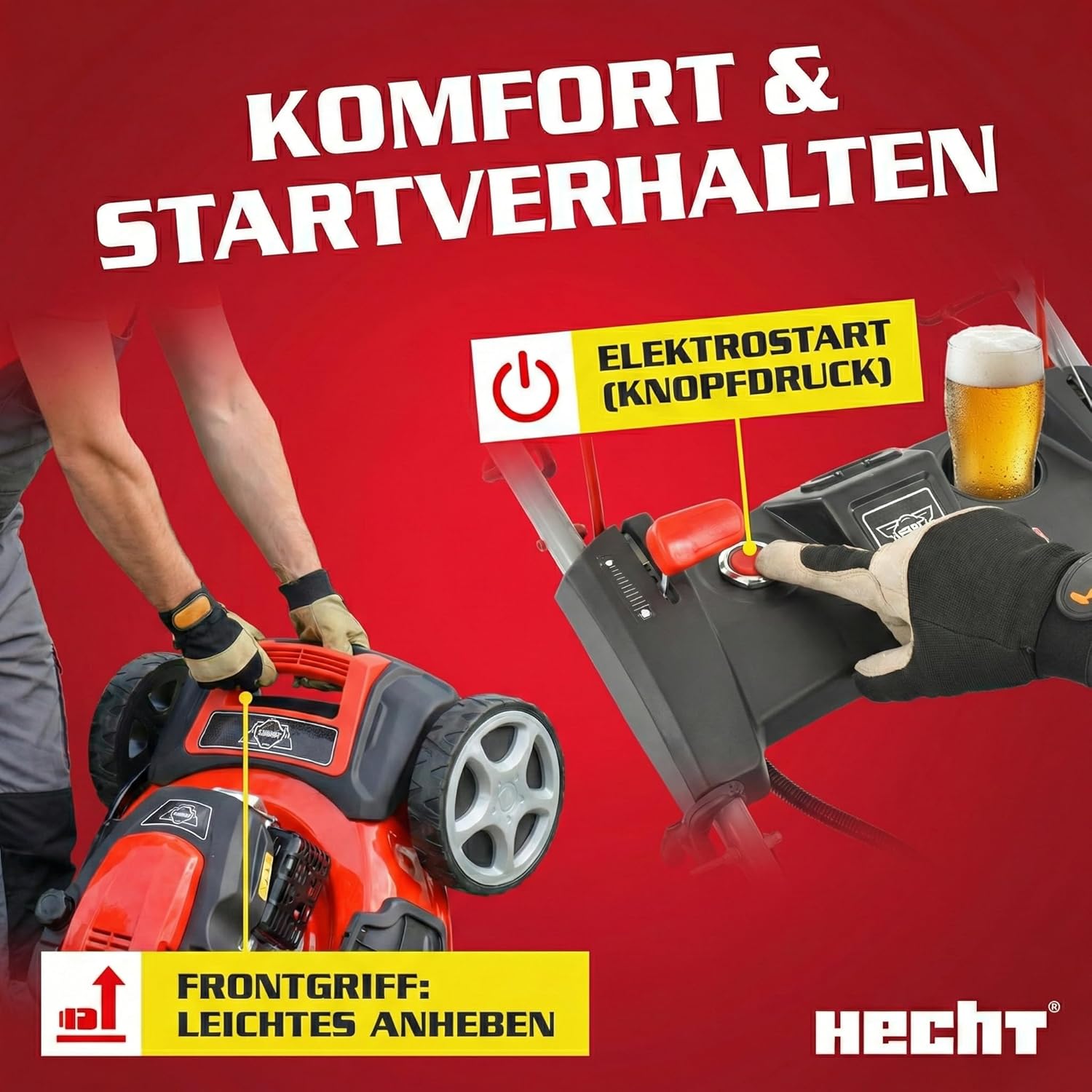 HECHT 5-IN-1 Benzin Rasenmäher – leistungsstarker 4 Takt Motor 4,0 kW (5,5 PS) – Elektrostart – 51 cm Schnittbreite – 65 l Fangkorb – Radantrieb – patentierte Räder – Mulchmäher Rasenmäher