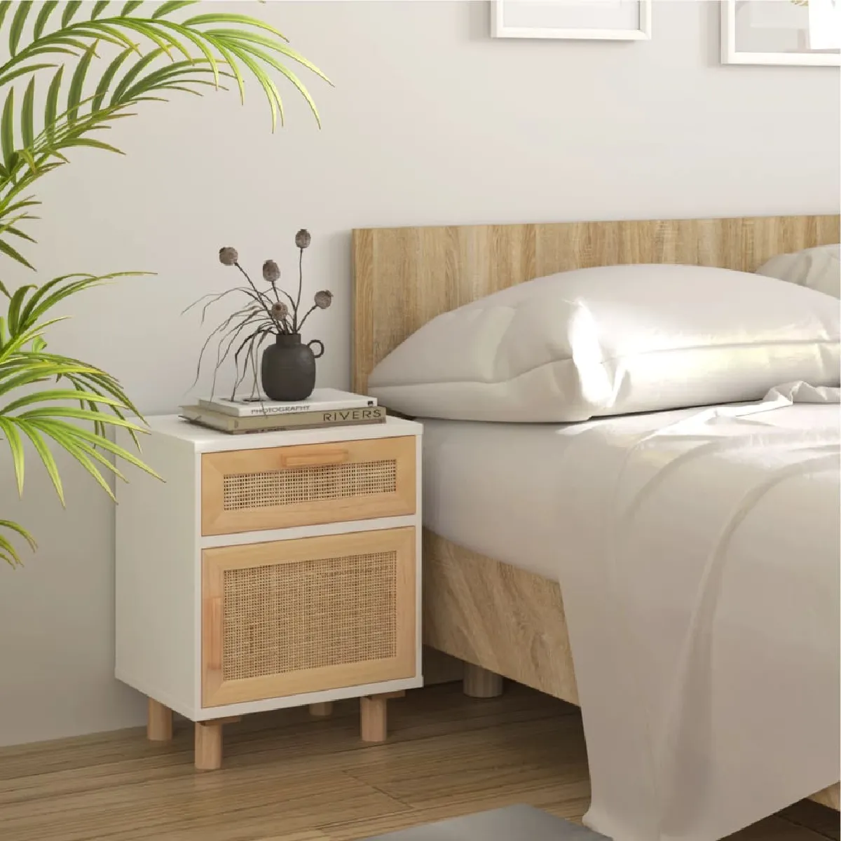 vidaXL Table de chevet Blanc Bois de pin et rotin
