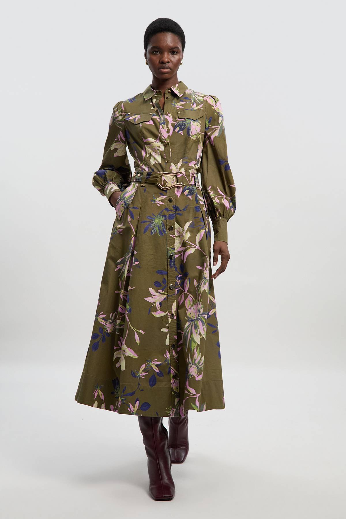 KarenMillen Jupe Mi-longue en Satin de Coton Imprimé Floral avec Détail Ceinture Tissée