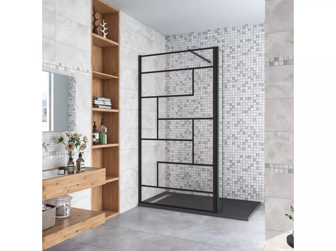 Paroi de douche fixe à l'italienne 140+30x200cm avec retour pivotant - Noir - avec barre de fixation 140cm recoupable