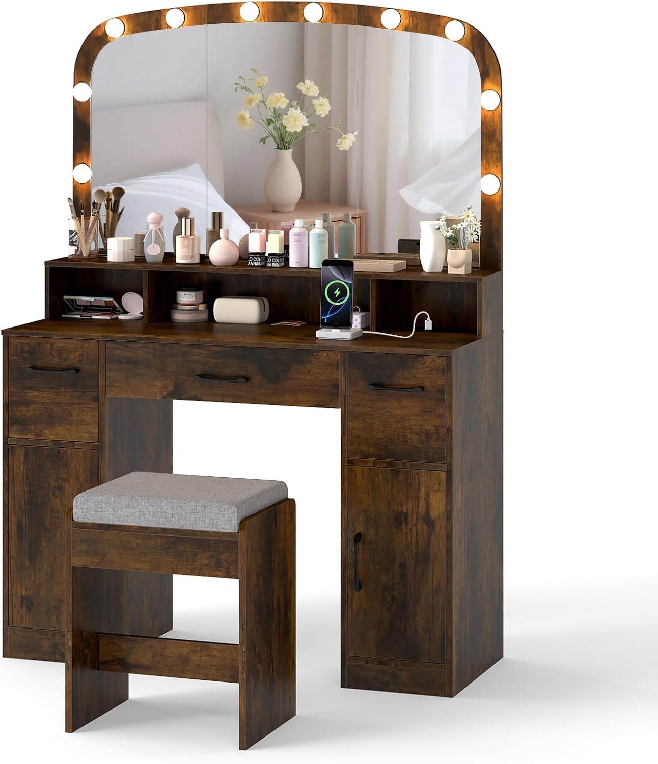 GIANTEX Schminktisch mit Beleuchtung und Spiegel, 3 Lichtfarben, Frisiertisch mit Hocker gepolstert, Kosmetiktisch mit Ladestation, Make Up Tisch mit 3 offene Fächern, 3 Schubladen & 2 Schränken Braun