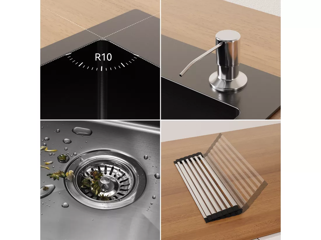 Évier Cuisine Noir 58*45*18CM,Lavabo Cuisine 1 Bac avec Égouttoir Enroulable et Distributeur de Savon, Inox, Montage à Encastrer ou à Fleur